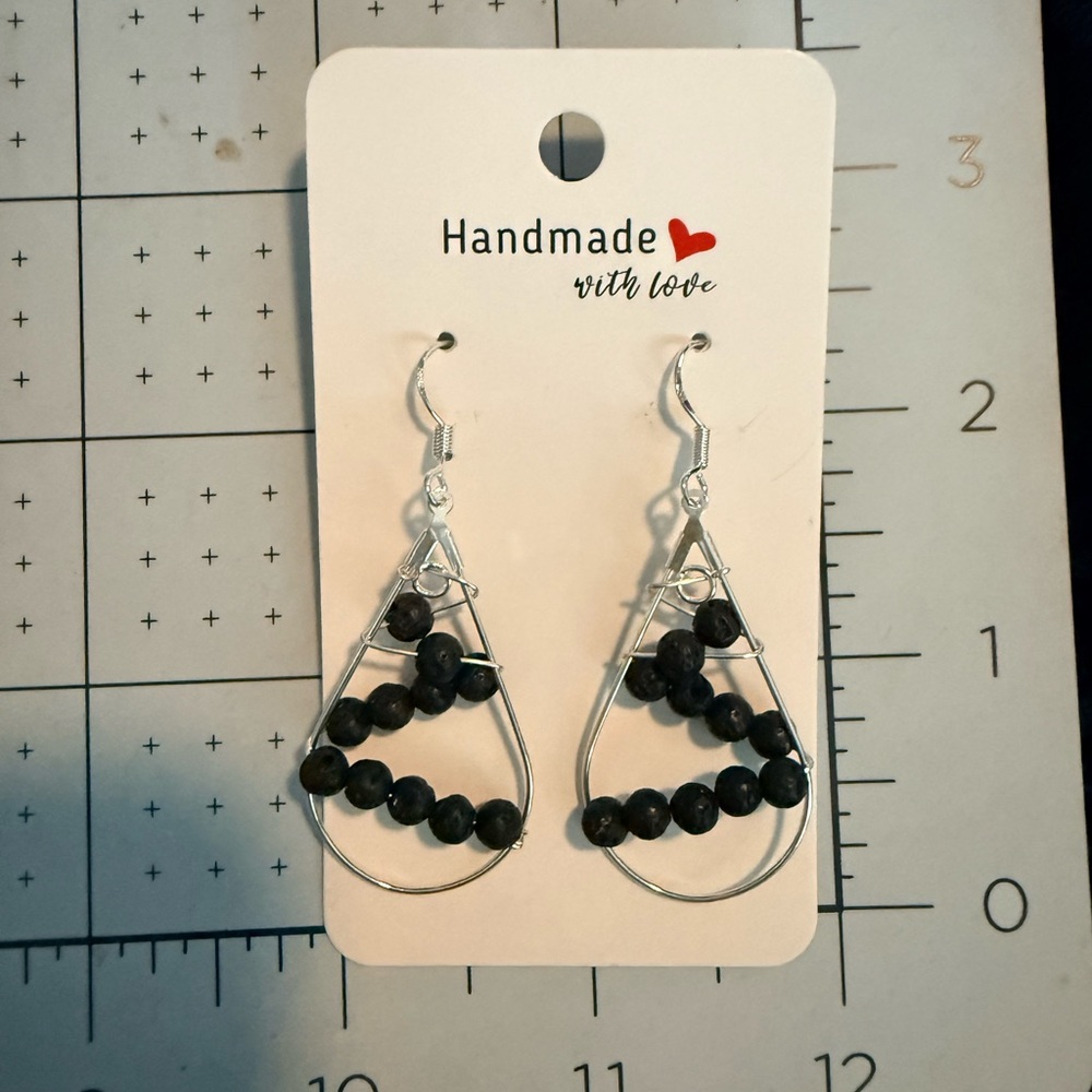 Handmade Black Lava Rock Bead Earrings with Sterling Silver Hooks
